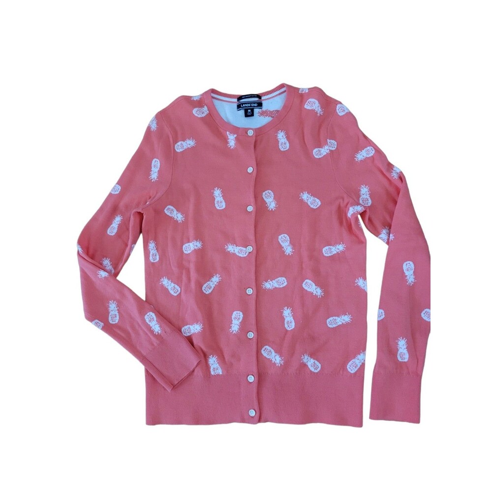 Women's size Medium Lands' End Cardigan Salmon with pineapples